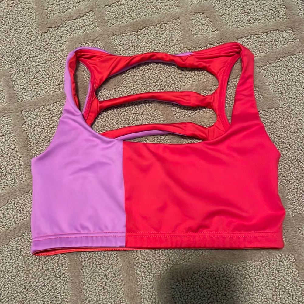 Jo and Jax strappy sports bra. Red and purple.